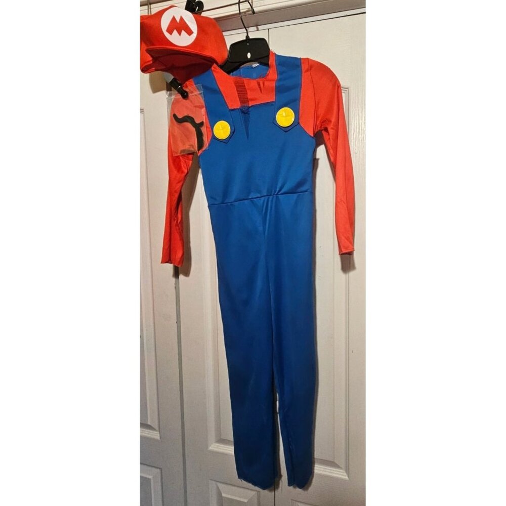 Super Mario Costume Boys 7-8 Jumpsuit Hat Mustache Halloween Nintendo Boy READ